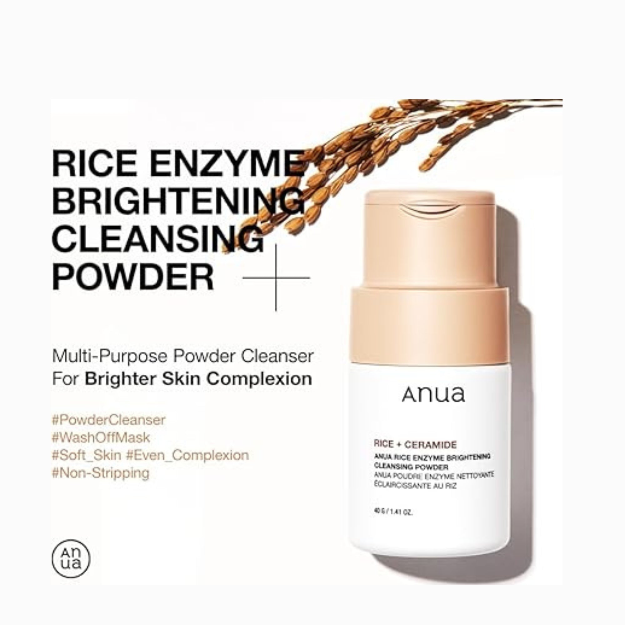 ANUA Brightening Rice Enzyme Cleansing Powder Gentle Facial Cleanser for Hydration Fragrance Free 40g 1.41oz