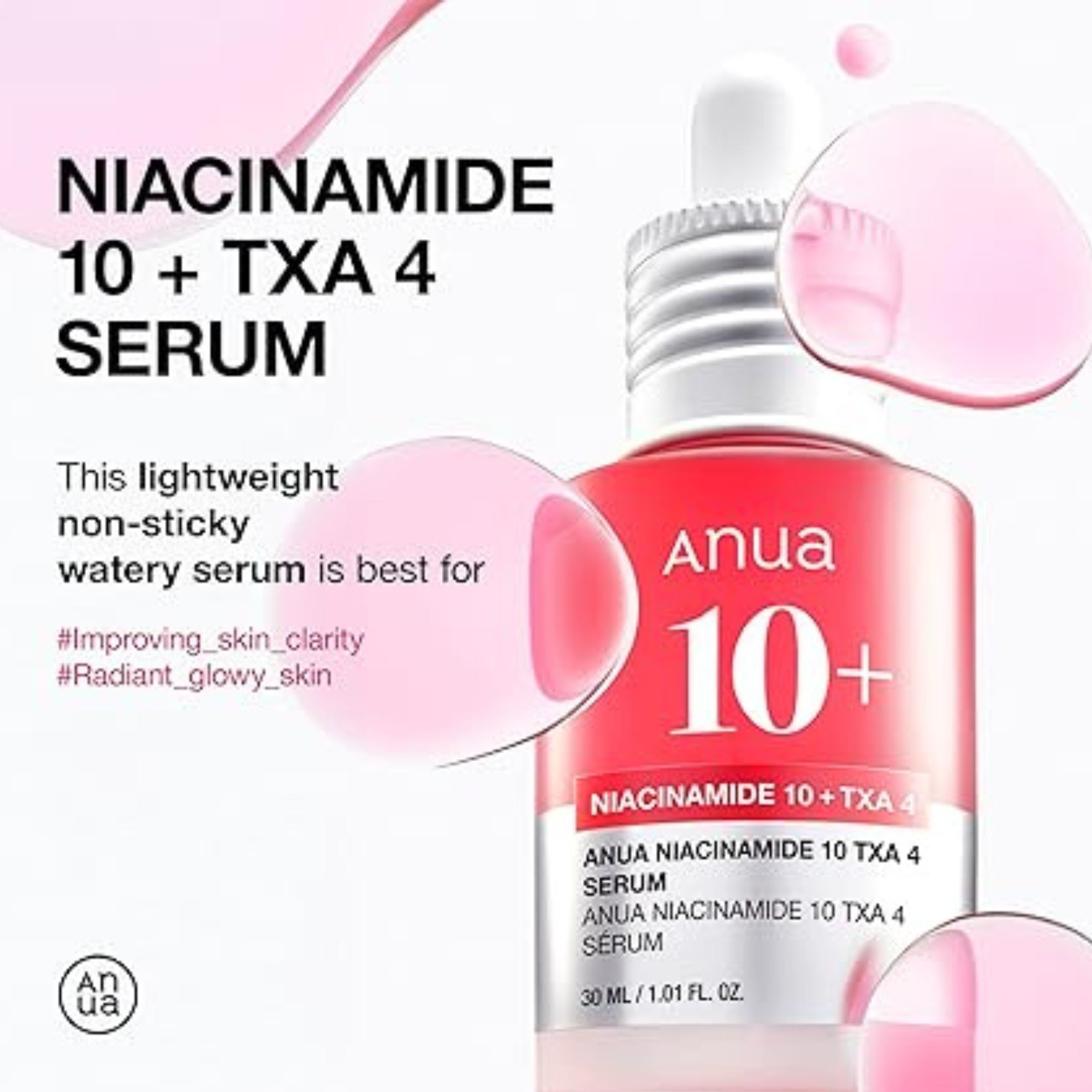 ANUA Serum 10 Percent Niacinamide with 4 Percent Tranexamic Acid Ceramide Hyaluronic Acid Vitamin B12 Natural Colour Fragrance Free Korean Glass Skin Serum for Sensitive Skin 30 ml 1.01 fl oz